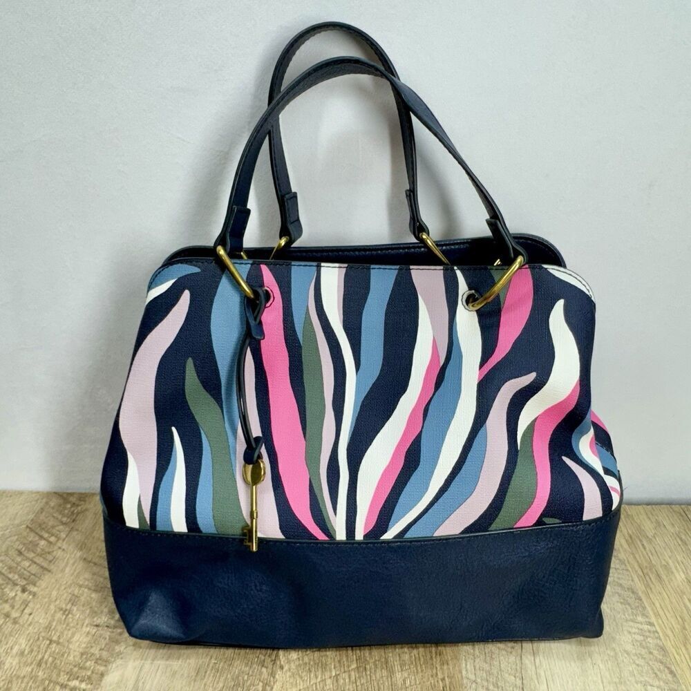Fossil Lane Satchel Handbag bag purse Sea Pink Zebra Stripe Double Handle Zipper